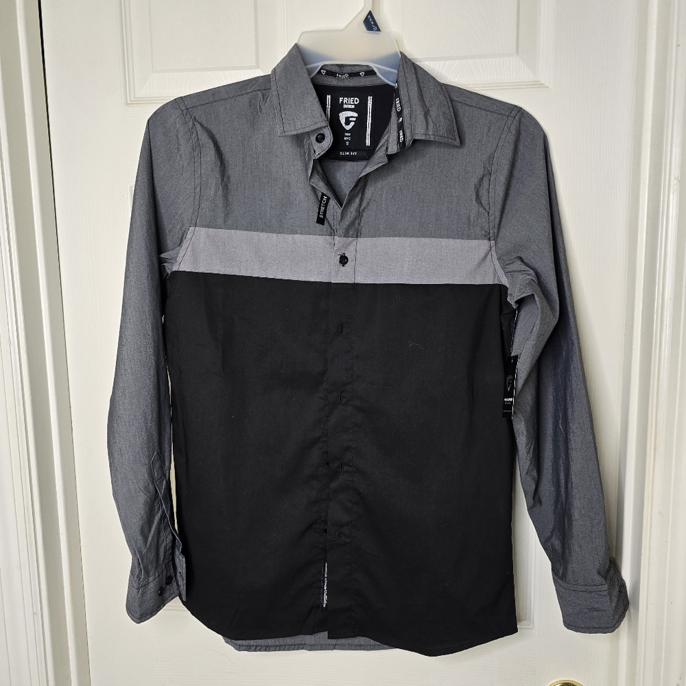 Fried NWT Gray Black Button-Up Slim‎ Fit Mens Shirt S